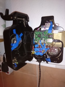 Inside picture of the old wall mounted rotary phone (W38/W48) with raspberry pi 2
